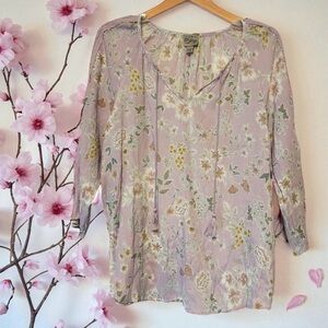 Como Vintage Top White Floral Key Hole Ties 3/4 Sleeve Hi Lo Blouse Size Large